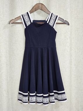 Bonnie Jean Navy Dress with White Lace Trim